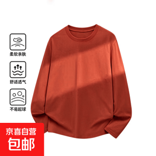 长袖T恤男春秋季圆领内搭衣服休闲宽松透气打底衫纯色多色可选 长袖T恤砖红 5XL