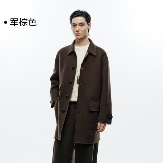 移动端：太平鸟 男装阿尔巴卡双面呢撞色格纹羊毛外套新款中长款毛呢大衣*