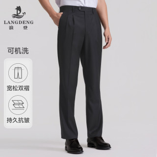 浪登 西裤男宽松免烫抗皱商务通勤职业正装男士四季直筒双褶西装裤 薄款（黑色-双褶宽松）-YA031 34