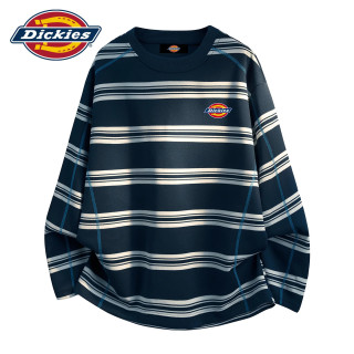 Dickies 条纹长袖T恤男士2026秋季新款宽松工作穿搭休闲打底衫上衣服饰装 藏青色 常规 M