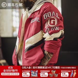 马登 工装美式复古拼色赛车夹克男加厚棉衣冬保暖棉袄男士棉服外套 暗红色 [Oversize版型] L