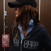 GUESS 经典刺绣短款连帽卫衣2026秋季女款宽松显瘦帽衫 藏青色 S