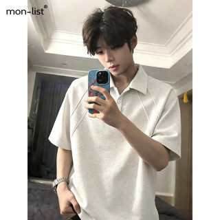 MON-LIST 短袖男士夏季美式正肩翻领T恤高级感polo衫上衣MLT07白灰色XL