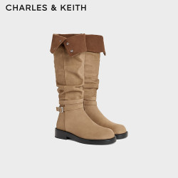 CHARLES & KEITH CHARLES&KEITH26冬新品平底褶皱可翻折长靴堆堆靴CK1-90380176 Camel驼色 36 （230）