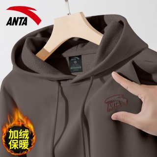安踏 加绒加厚连帽卫衣男冬季青少年宽松大码保暖休闲运动套头长袖
