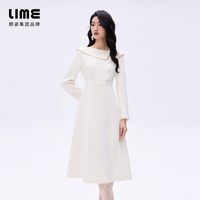 lime 朗姿/LIME莱茵小香风不对称一字翻领连衣裙A字裙滴油扣饰26春新款