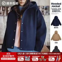 马登 毛呢感连帽外套廓形收腰休闲夹克女士开衫短款呢子大衣秋冬女上装 藏青色 M (100-120斤/卡码拍小)