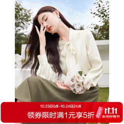 香影 雪纺衬衫女长袖2026秋季新款飘带米白色法式上衣通勤职业衬衣 米色 XL