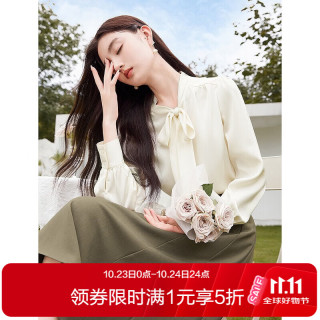 香影 雪纺衬衫女长袖2026秋季新款飘带米白色法式上衣通勤职业衬衣 米色 XL