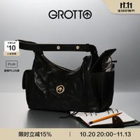 GROTTO 新款吐司hobo包植鞣羊皮腋下单肩斜挎软包通勤礼物 经典黑/古金 S