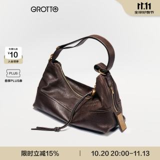 GROTTO 26年新款ArkHobo小牛皮单肩斜挎包小号高级感通勤女包 黑巧棕 金标 S