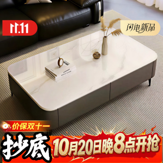 威尼奥 岩板茶几客厅小户型家用长方形轻奢网红小茶几现代简约轻奢感 100*50雪山白钢化玻璃｜灰柜