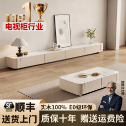 善臣 全实木电视柜岩板落地简约客厅储物柜 电视柜茶几组合家具 雪山白岩板+卡其色柜