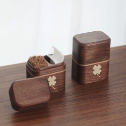 木易 牙签盒摆件实木家用个性创意牙签筒餐厅客厅高档木质可爱 四叶草方圆牙线筒