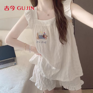 古今 腊肠狗短袖背心小飞袖睡衣女秋季带胸垫卡通甜美家居服套装L