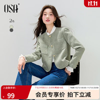 欧莎 小香风圆领毛呢外套女复古通勤短款粗花呢子大衣冬季新款 草绿色 L