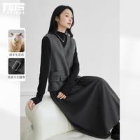 DUIBAI 冬装含绵羊毛V领无袖女式连衣裙高级感拼接毛呢背心裙