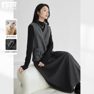 DUIBAI 冬装含绵羊毛V领无袖女式连衣裙高级感拼接毛呢背心裙
