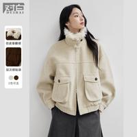 DUIBAI 冬装美拉德毛呢女式短外套仿皮草毛领机车风夹克上衣