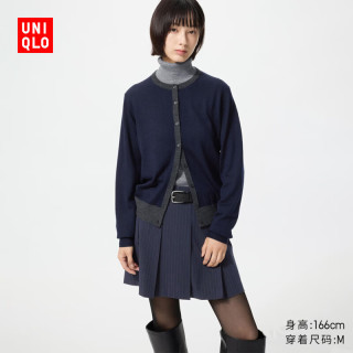 优衣库 精纺美利奴羊毛圆领拼色针织开衫/长袖女装毛衣外套491608 69 藏青色 XL