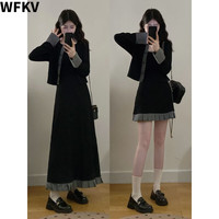 WFKV大码女装胖mm宽松春秋新款格子拼接时尚气质吊带裙套装女 长款套装 3XL 