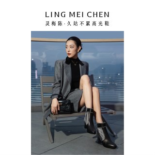 鱼骨纹靴子早秋新款短靴女款黑色真皮高跟靴粗跟皮靴