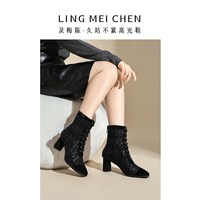 印花靴子老钱风女靴秋冬新款植绒靴粗跟瘦瘦靴高跟鞋