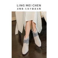 千鸟格白色靴子早秋新款小短靴英伦风皮靴女高跟靴子