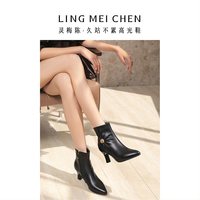 褶皱羊皮靴子黑色短靴女款高跟靴百搭尖头靴粗跟皮靴