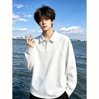 灿图 白色解构正肩polo衫卫衣男秋季重磅硬挺美式长袖t恤内搭打底衫潮 白色 XL