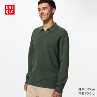 优衣库 罗纹半开领针织polo衫/长袖男装女装T恤487157 56 橄榄色 2XL