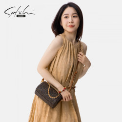 沙驰 波士顿包女2026新款时尚老花手提包通勤单肩斜挎包 啡色_黄棕色