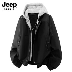 JEEP SPIRIT 吉普外套男假两件连帽夹克男士秋冬季宽松工装休闲上衣服