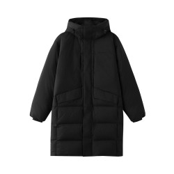 Champion 冠军中长款鹅绒羽绒服男休闲连帽羽绒黑色情侣