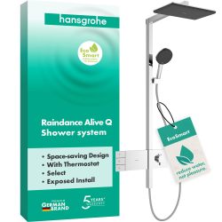 Hansgrohe 汉斯格雅 Raindance Alive Q 24591000 节水淋浴系统(EcoSmart)带恒温器,雨淋花洒(340 x 210 毫米)带接头,手持花洒,软管,淋浴栏和头顶花洒,镀铬