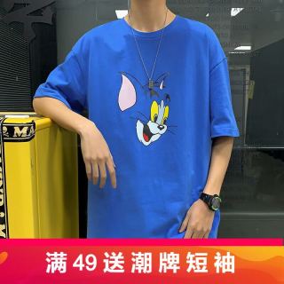 嘉晔 夏季新款t恤男ins卡通印花五分袖t恤短袖男超火潮流圆领打底半袖 蓝色 M
