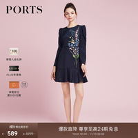 宝姿 女装春夏绣花连衣裙 丈青印花 S 版型偏大建议拍小一码