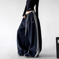 移动端：木昱子 今年流行运动裤女2026春秋季新款条纹卫裤女高腰阔腿裤绿色休闲裤