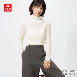 优衣库 精纺美利奴羊毛罗纹两翻领针织衫女装毛衣毛衫485305 01 乳白色