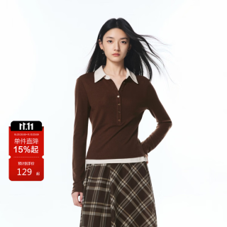 太平鸟 25秋季新款排扣polo领莱赛尔长袖T恤A3CPF3258 丁香棕 S 155