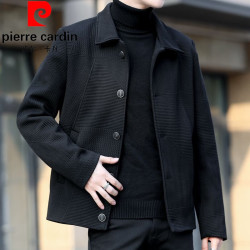 皮尔卡丹（pierre cardin）男士高档短款翻领夹克外套春秋季休闲商务拼色行政格子带纽扣上衣