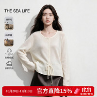 THE SEA LIFE 羊毛开衫欧海一生绵羊毛针织衫女2026秋季新款圆领系带羊绒开衫 米白色 M