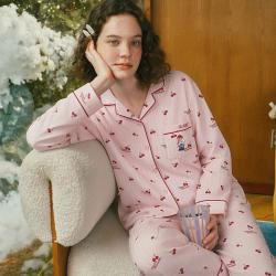 TEENIE WEENIE 纯棉睡衣女春秋甜美印花开襟小翻领家居服小熊女装
