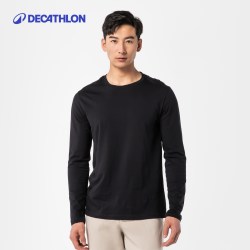 迪卡侬 长袖T恤男秋冬保暖纯棉纯色上衣打底衫白大码卫衣T恤RFX1