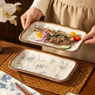 CERAMICS 陶瓷盘子家用高级感长方形餐盘蒸鱼专用釉下彩鱼盘菜盘蒸盘 10英寸长方盘