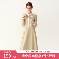 范思蓝恩 法式气质蝴蝶结系带连衣裙女秋2026新款长袖V领通勤裙子 米黄色 XS