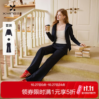 香影 藏青休闲运动套装女2026秋季新款连帽上衣假两件屁帘裤两件套 深蓝 L