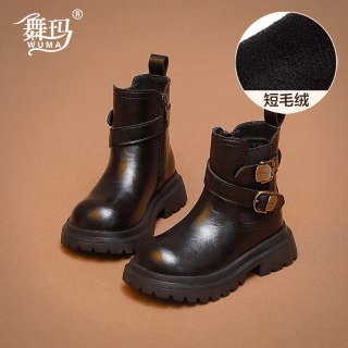舞玛 女童鞋子儿童短靴2026新款冬季女孩加绒靴子保暖皮带扣马丁靴