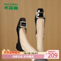 木林森 女鞋休闲单鞋 软底方头小皮鞋通勤百搭一脚蹬低跟女士浅口单鞋子