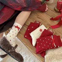 红糖年糕 本命年红色蝴蝶结波点袜女中筒袜圣诞新年百搭棉袜 5双装